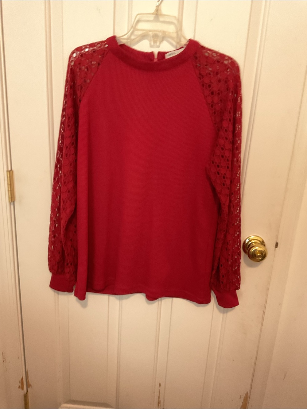 Women’s Red Lace-Sleeve Pullover Sweatshirt